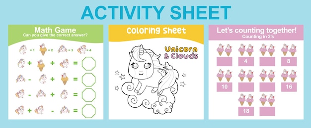 3 in 1 Activity Sheet for children. Coloring and counting activity. Vector illustrations.