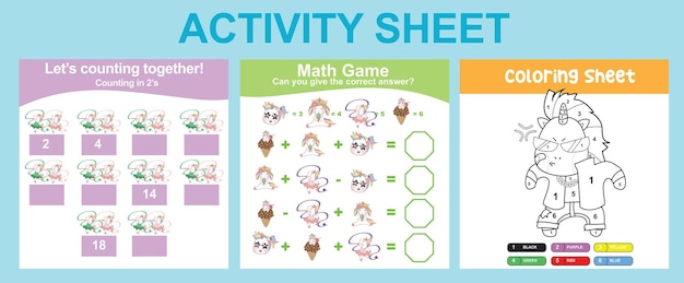 3 in 1 Activity Sheet for children. Coloring and counting activity. Vector illustrations.