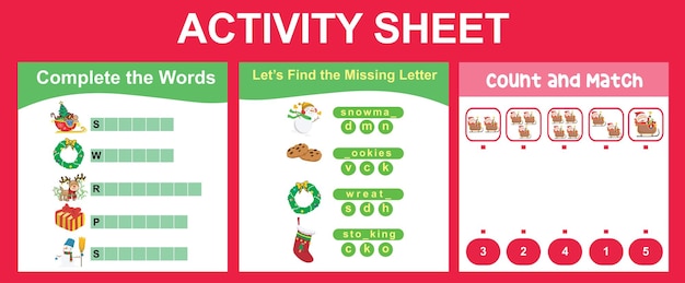 3 in 1 Activity Sheet for children. Complete the words, missing letter, count and match activity.