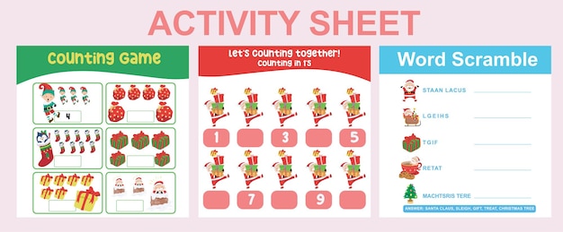 Vector 3 in 1 activity sheet for children. counting and writing activity. vector file.