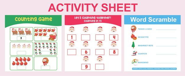 子供向けの 3 in 1 アクティビティ シート。カウントと書き込みのアクティビティ。ベクター ファイル。