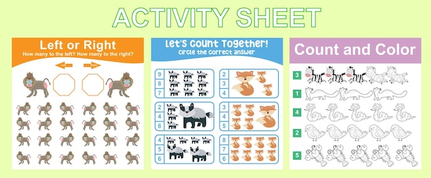 3 in 1 Activity sheet. Educational printable worksheet. Vector file