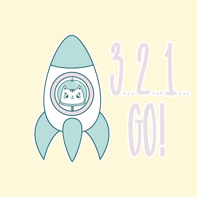 3, 2, 1 go lettering with funny astronaut cat