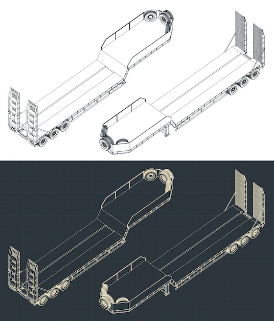 3 axle lowbed trailer isometric blueprints