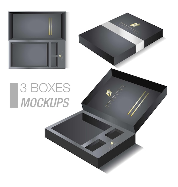 Vettore mockup di 3 scatole mockup di una scatola di colori nero e oro