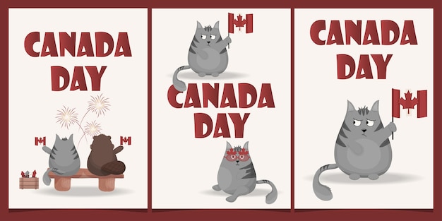 3 Canada Day Greeting Cards with Grey Cat and Beaver Vector Cartoon