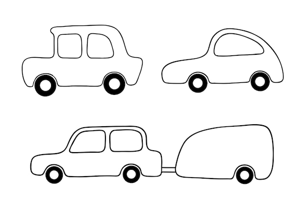3 мультяшных автомобиля и трейлер Векторная изолированная иллюстрация контура для раскраски страницы