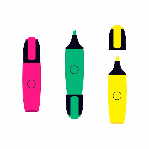 3 Classic markers with highlighter pen effect isolated on white background set