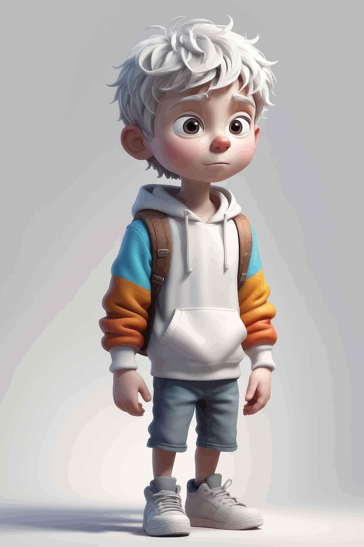 Vector 3 d illustration of a little boy in a cap and a jacket with a backpack standing in a cartoon style