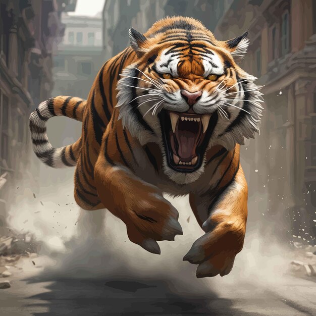 Vettore illustrazione 3 d della tigre in città composizione digitale di una tigre che salta illustrazione 3 d della tigre i