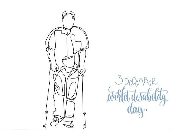 3 december world disability day hand lettering typography poster with continuous line black drawing in minimalistic style, elderly man walking with help of crutches, calligraphy vector illustration