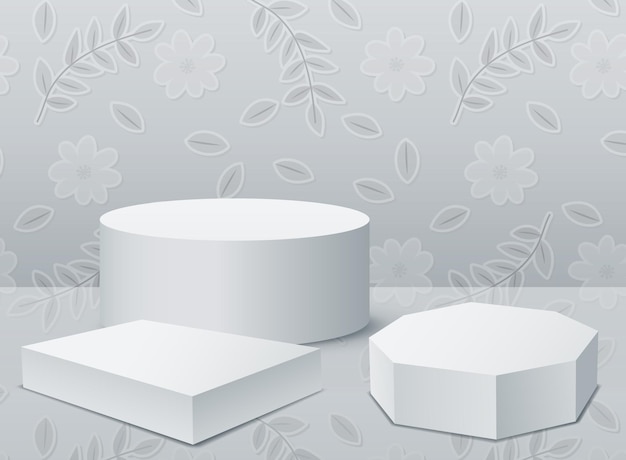 3 different mockup podiums for product presentation on floral pattern background