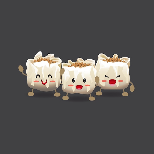 3 dimsum dumpling characters with peanut topping with various expressions