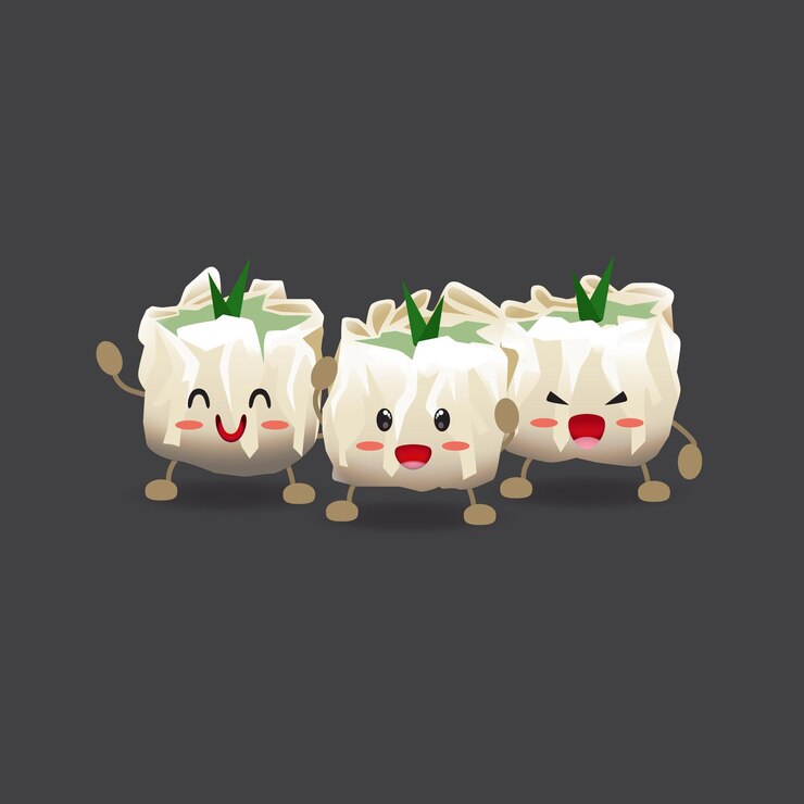3 dimsum knoedelkarakters gegarneerd met pandanbladeren met verschillende uitdrukkingen