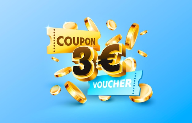 3 euro coupon gift voucher cash back banner special offer vector illustration