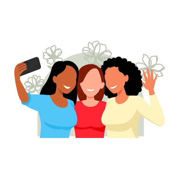 3 friends taking a selfie together happily flat illustration