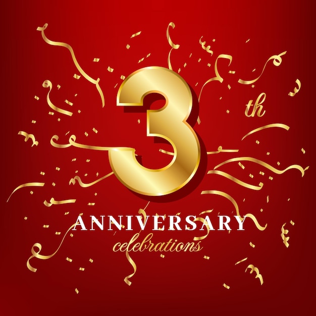 3 golden numbers and anniversary celebrating text with golden confetti spread on a red background