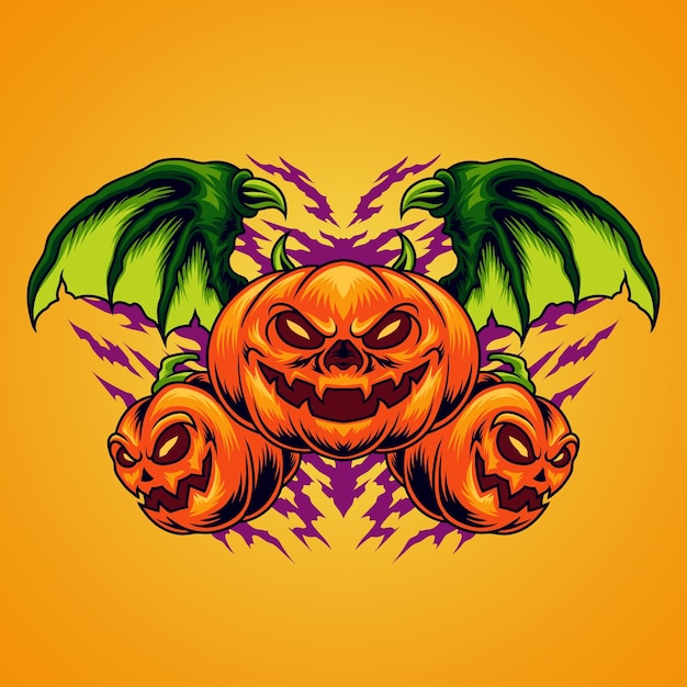 3 halloween pumpkin devils with wings