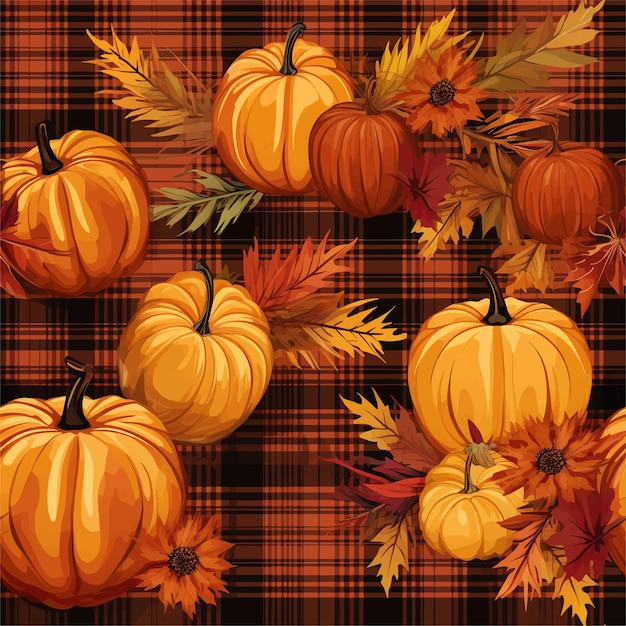 Vector 3 herfst naadloze tweed print oogst met kleurrijke pompoenen en bladeren eenvoudige vector stijl voor w