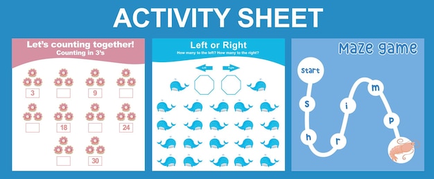 3 in 1 werkblad. Activiteitenblad voor kinderen met zeedierenthema. Vector-bestand.