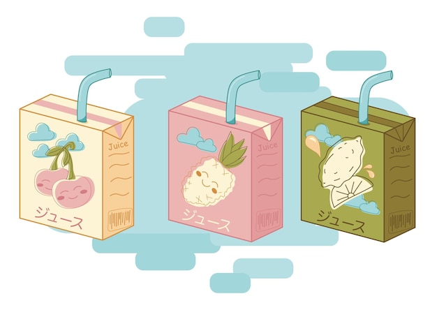 3 juice packets with different flavors in asian style. asian drinks, healthy food, natural juice.