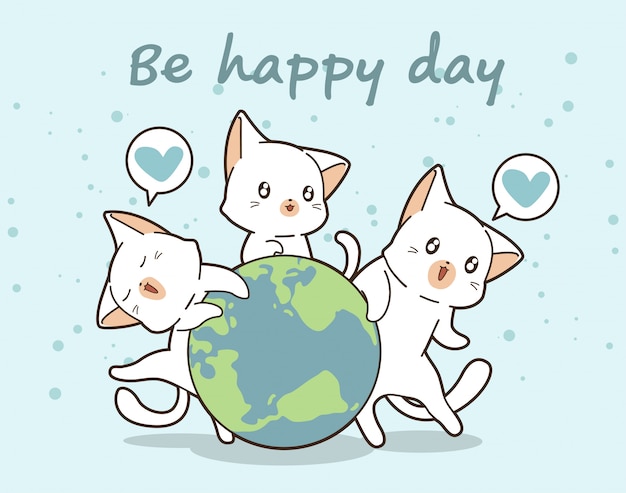 3 kawaii cats love the world