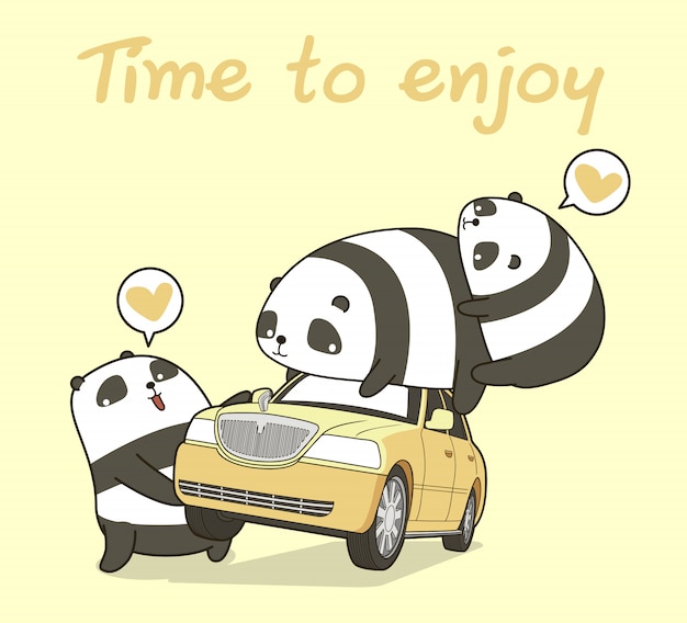 3 kawaii panda characters with a car