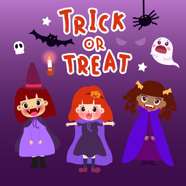 Trick or Treat Girls라는 문구가 적힌 마녀 옷을 입은 3명의 아이들이 할로윈 벡터를 즐깁니다.