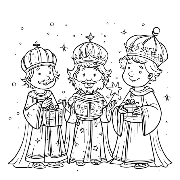 Vector 3 kings with star and gifts coloring page coloring pages vector
