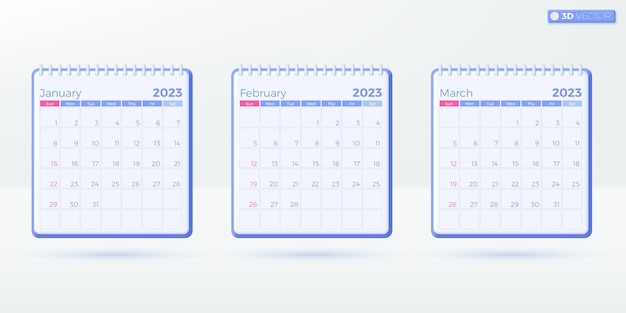 3 maanden kalender 2023 sjablonen Eenvoudige maandelijkse verticale kalender huisstijl Lay-out in het Engels Week begint vanaf zondag 3D vector geïsoleerde illustratie ontwerp Cartoon pastel minimalistische stijl