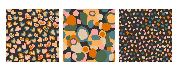 Vector 3 minimalist patterns with hearts on a dark background.