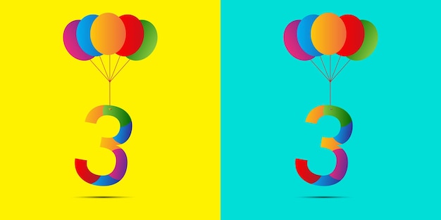 생일 축하 소녀나 소년을 위한 풍선이 있는 3개의 숫자 및 문자 로고 디자인