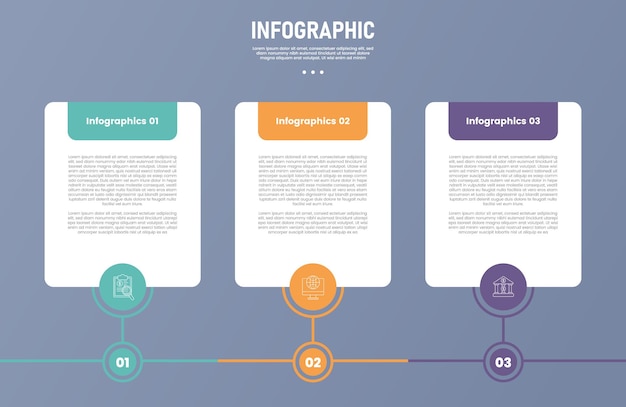ベクトル 3 ポイントステージまたはステップインフォグラフィックテンプレート - 表のボックス横方向とスライドプレゼンテーションのタイムラインスタイル