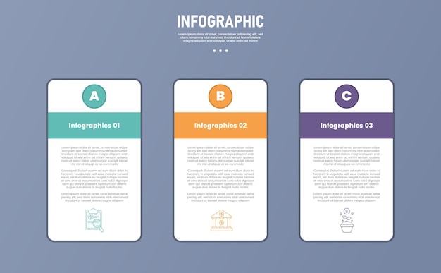 Vector 3 point stage or step infographic template with vertical table header with circle badge for slide presentation