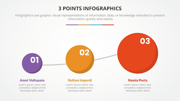 3 точки или этапы инфографической концепции с кругом временной шкалы, маленьким и большим для презентации слайдов
