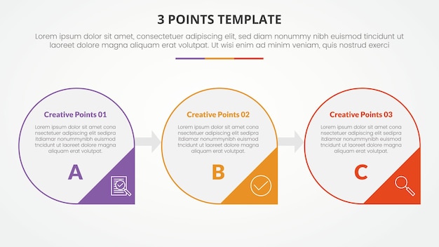 Vettore modello di infografica a tre punti per la presentazione di diapositive con contorno a grande cerchio e triangolo a freccia con scheda a tre punti con stile piatto