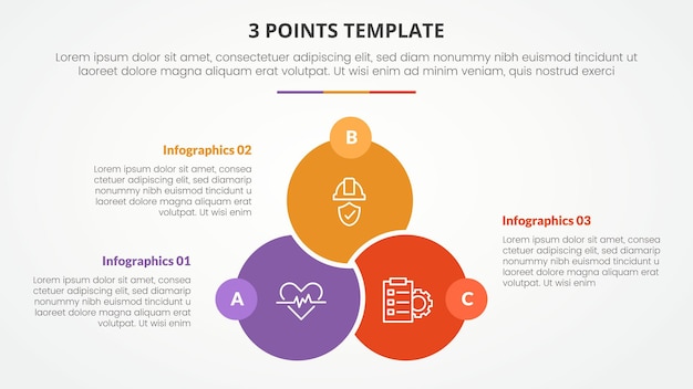 3 points stage template infographic concept for slide presentation with big circle venn linked union badge opposite with 3 point list with flat style