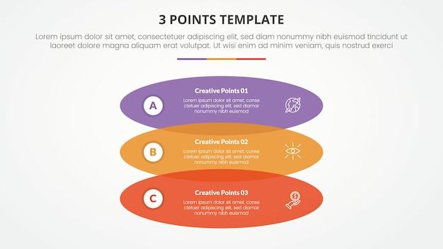 3 points stage template infographic concept for slide presentation with venn blending round rectangle stack with 3 point list with flat style