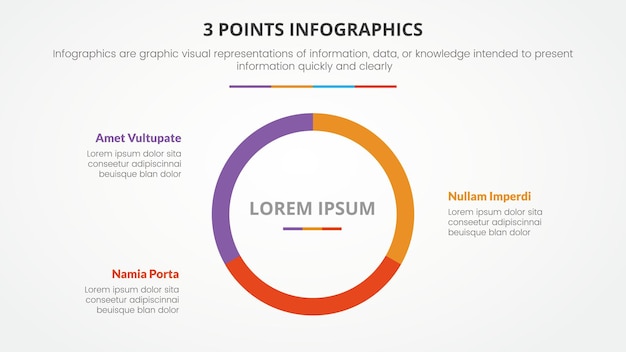 Concetto di infografica a 3 punti o stadi con un grande centro circolare per la presentazione di diapositive