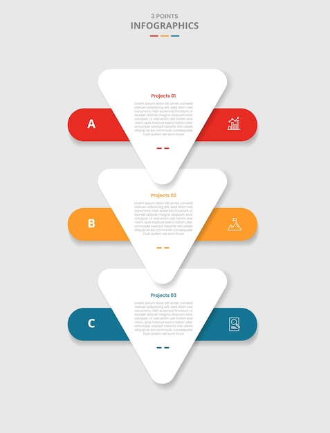 3 points template infographic with round triangle bottom direction with stacked list with drop shadow style with three stage list information