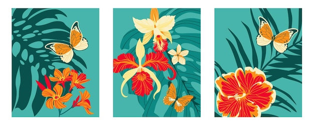 3 posters with tropical flowers