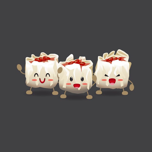 Vector 3 siomay dimsum characters topping red chili slices with various expressions