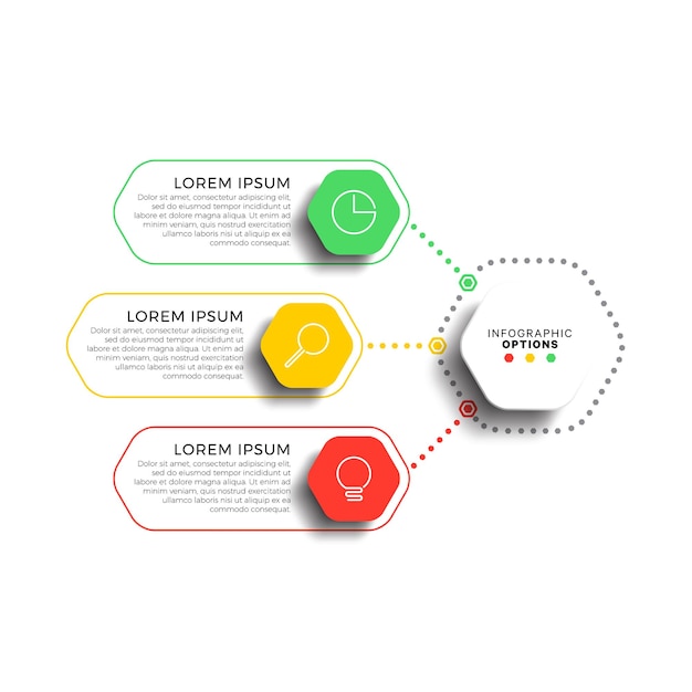 3 steps infographic template with realistic hexagonal elements on white background