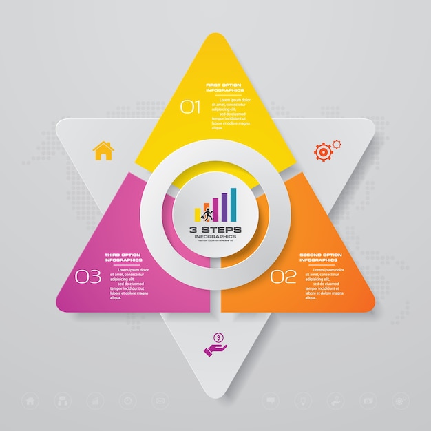 Diagramma degli elementi infografica processo a 3 passaggi.