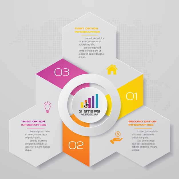 Diagramma degli elementi infografica processo a 3 passaggi.