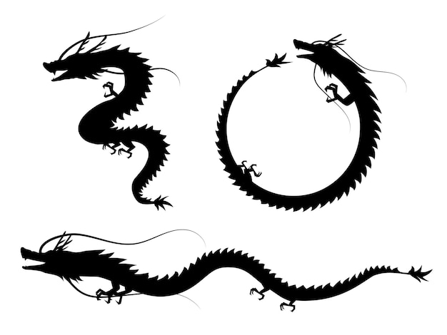 3 tipi di silhouette di draghi cool materiale illustrativo per le carte di capodanno per l'anno del drago