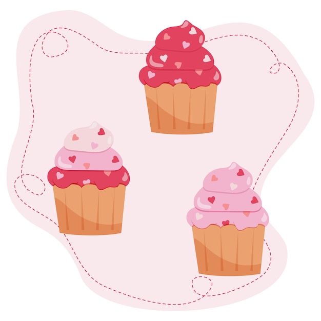 3 vectorcupcakes met roze en rood glazuur en hartjes