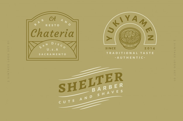 3 vintage logo set vol 03 - chateria bar and resto logo - yukiyamen traditional taste authentic logo - shelter barber cuts and shaves logo fully editable text, color and outline