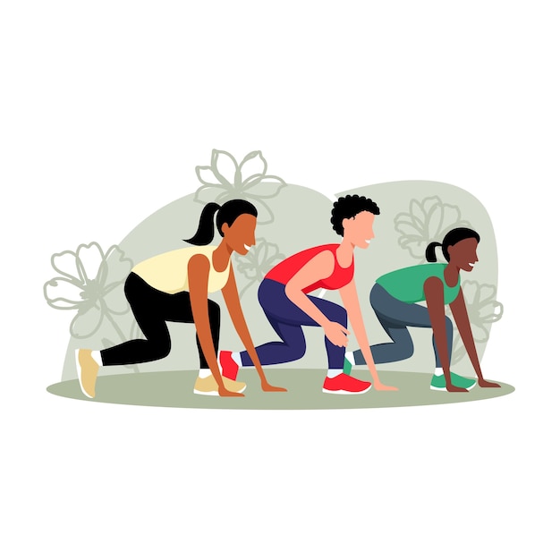 3 women prepare for a running race simple flat illustration