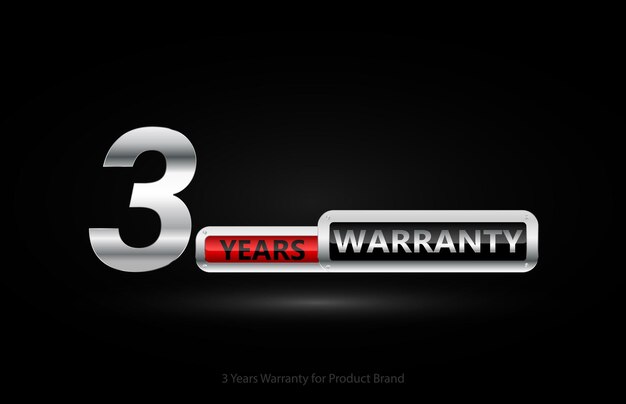 3 anni di garanzia logo argento isolato su sfondo nero, disegno vettoriale per la garanzia del prodotto.